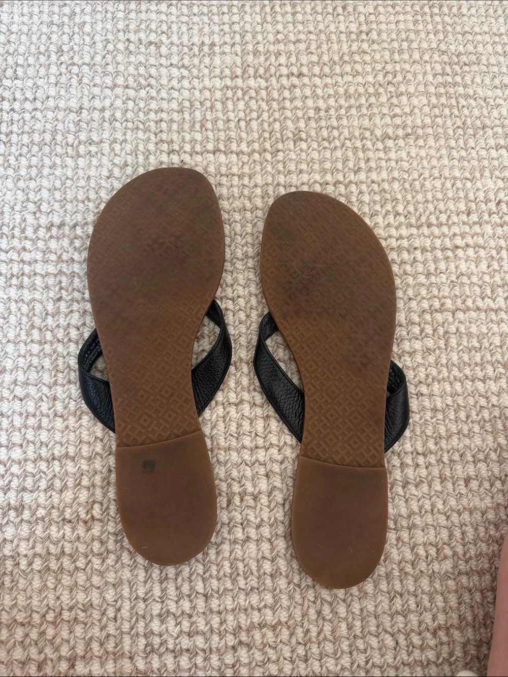 Tory Burch Black Leather Logo Flip Flops with Brown Footbed